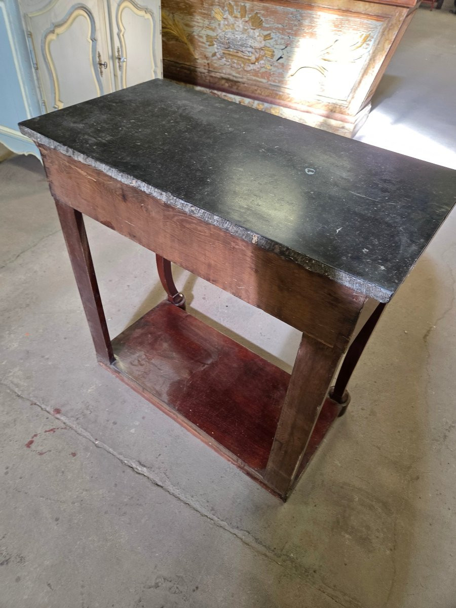 Console restauration d'époque en acajou plateau en marbre noir -photo-8