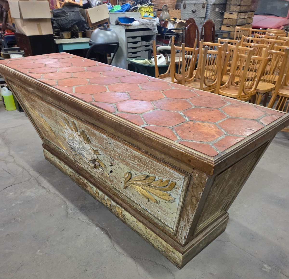 18th Century Church Altar In Carved Wood Serving As A Central Island In A Kitchen Of A Bourbon Residence