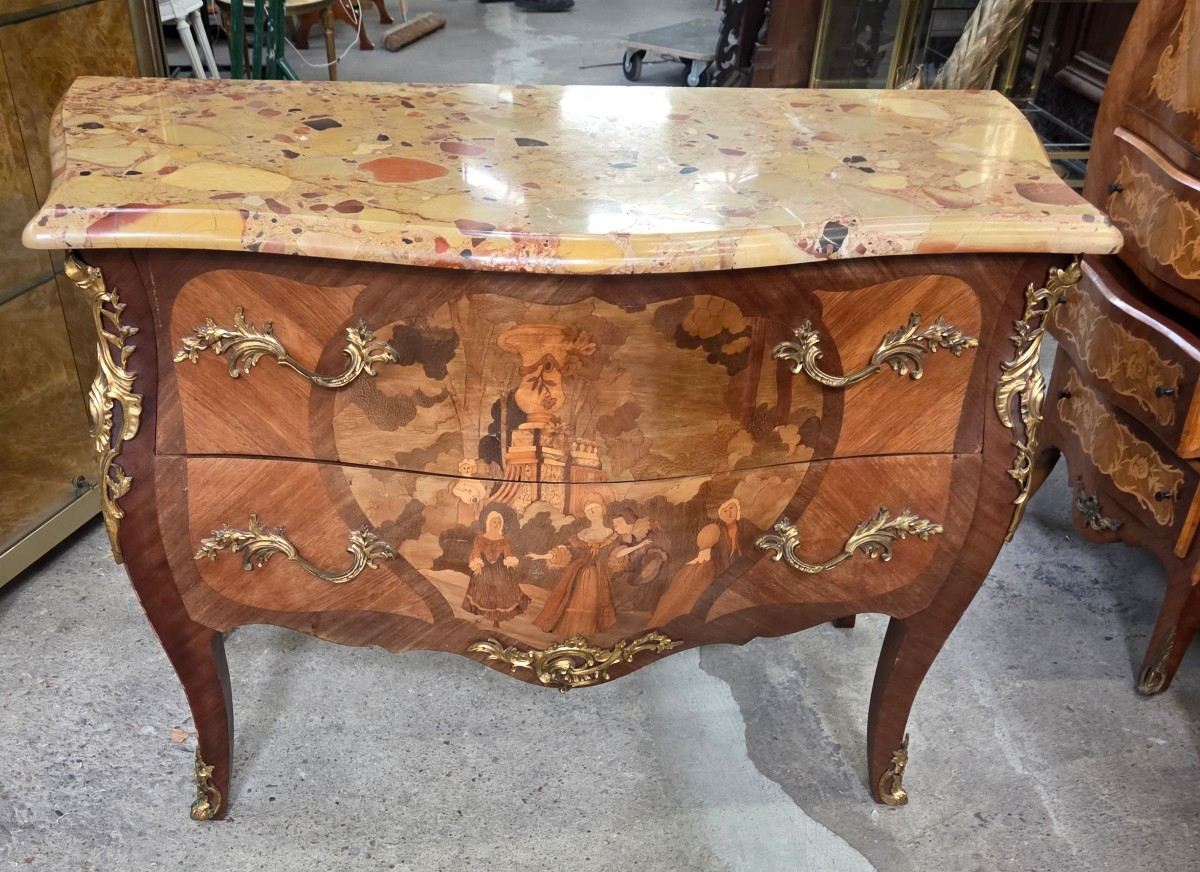 Louis XV Style Chest Of Drawers With A Marquetry Scene 