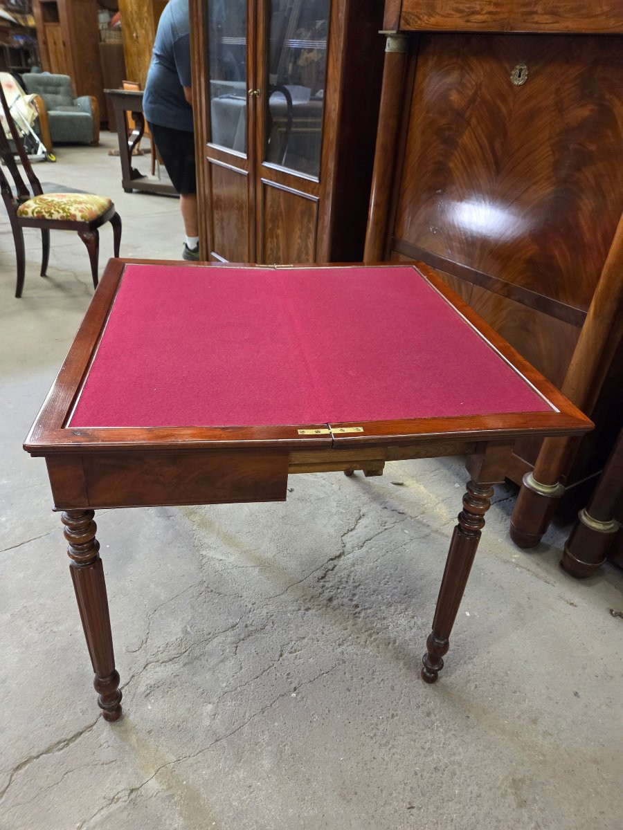 Table a jeux 19eme en acajou avec plateau en feutrine rouge-photo-2