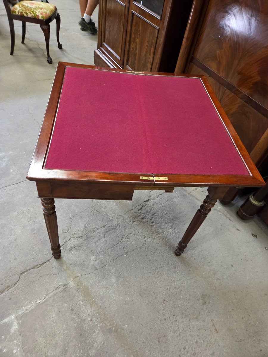 Table a jeux 19eme en acajou avec plateau en feutrine rouge-photo-3