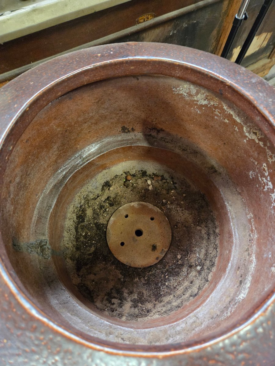 Imposante pare de caches pots et de leurs colonnes en gres émaillé début 20ème -photo-3