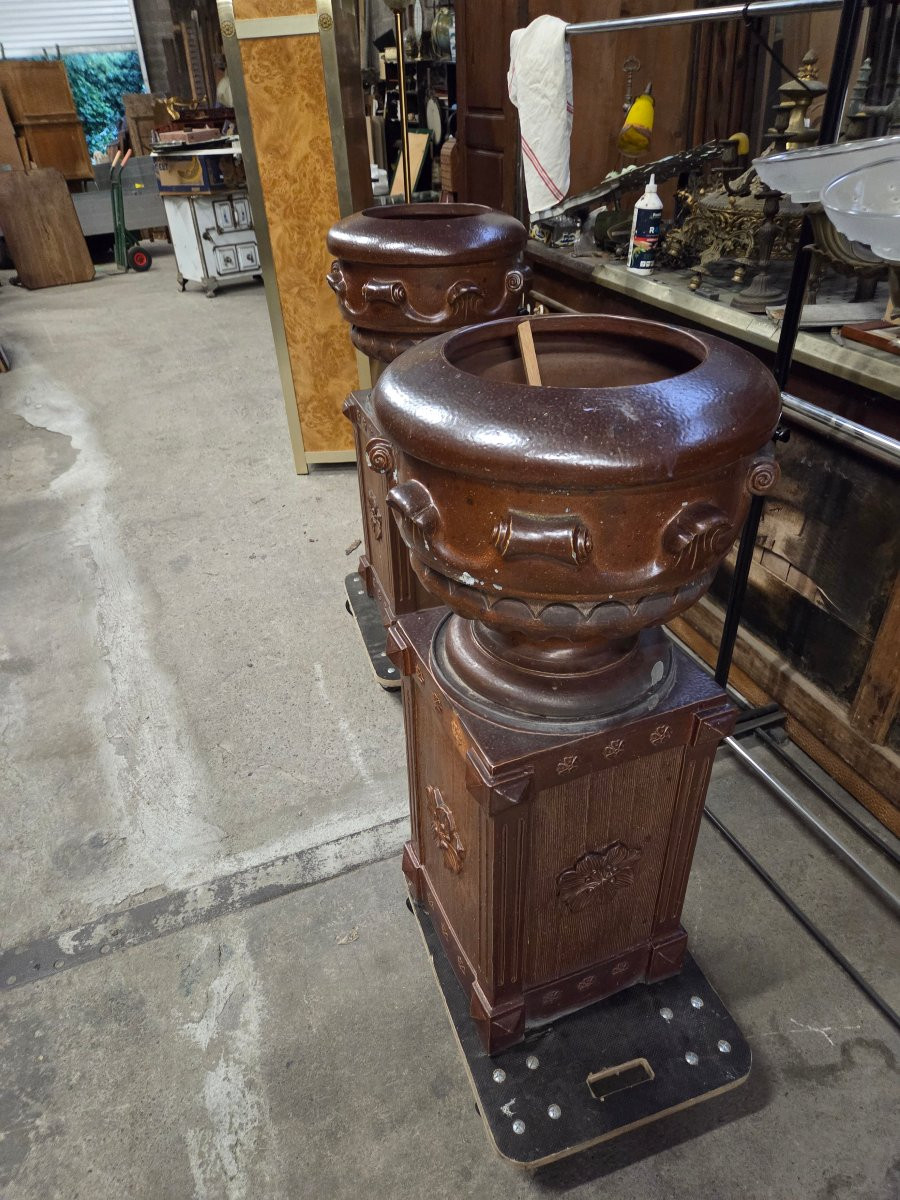 Imposante pare de caches pots et de leurs colonnes en gres émaillé début 20ème -photo-3