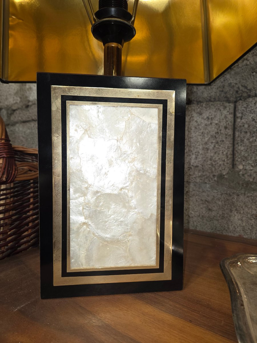 Large Lamp In Black Lacquered Wood, Gilding And Mother-of-pearl. French Work. Circa 1970-photo-3