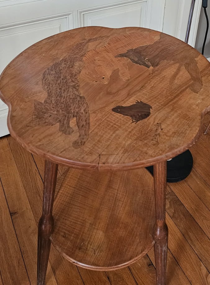 A Marquetry Gueridon Table By Louis Majorelle Decorated With Cats And A Frog 