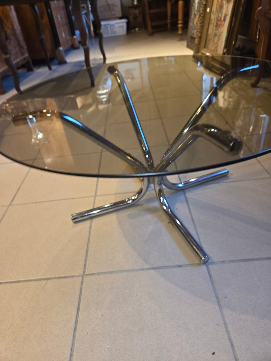 1970s Coffee Table In Chromed Metal With A Glass Top-photo-1