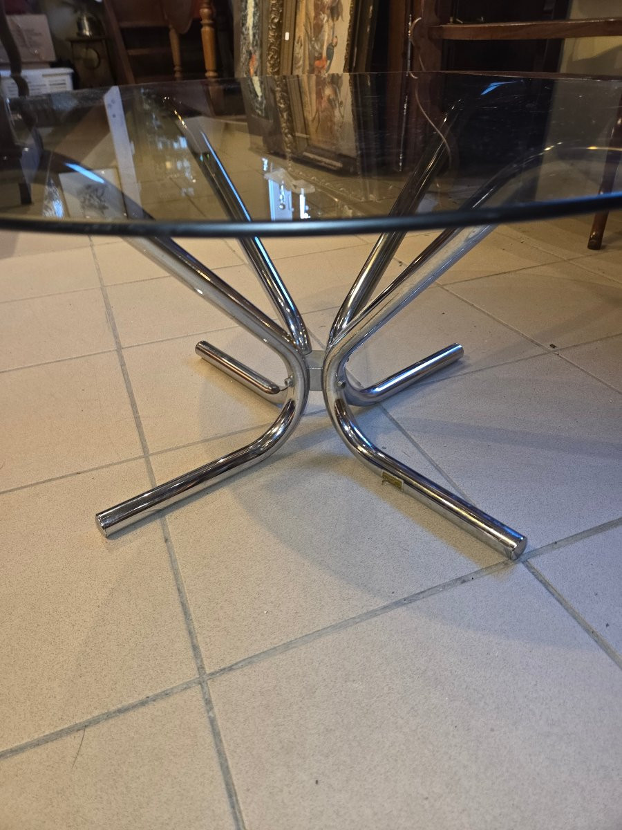 1970s Coffee Table In Chromed Metal With A Glass Top-photo-2