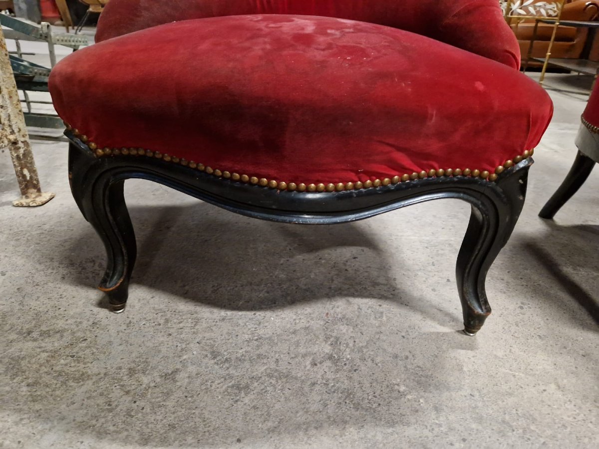 Pair Of Napoleon III Period Toadstool Armchairs With Red Velvet Upholstery-photo-3