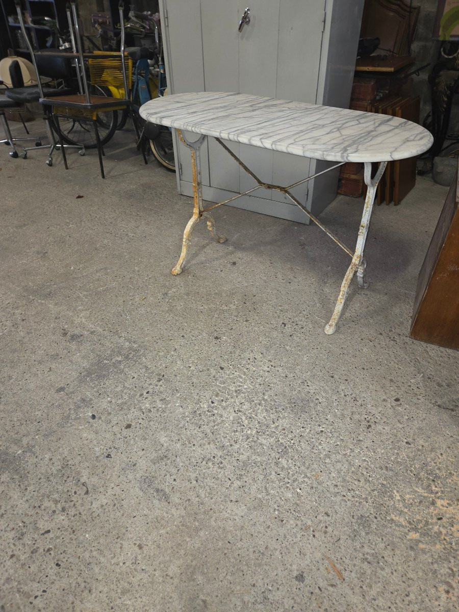 1950s Bistro Table With Oval Marble Top And Cast Iron Base-photo-4