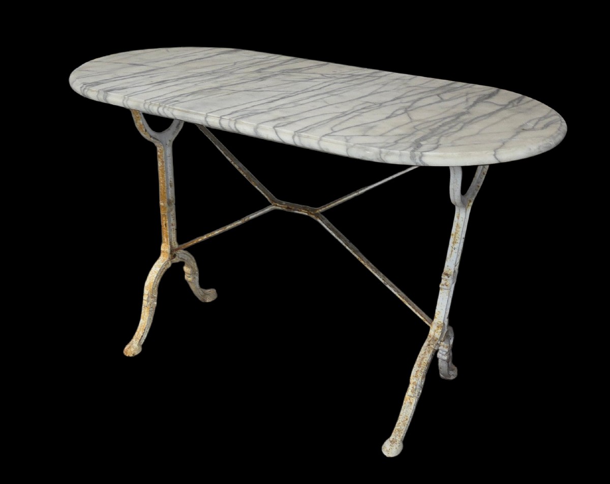 1950s Bistro Table With Oval Marble Top And Cast Iron Base