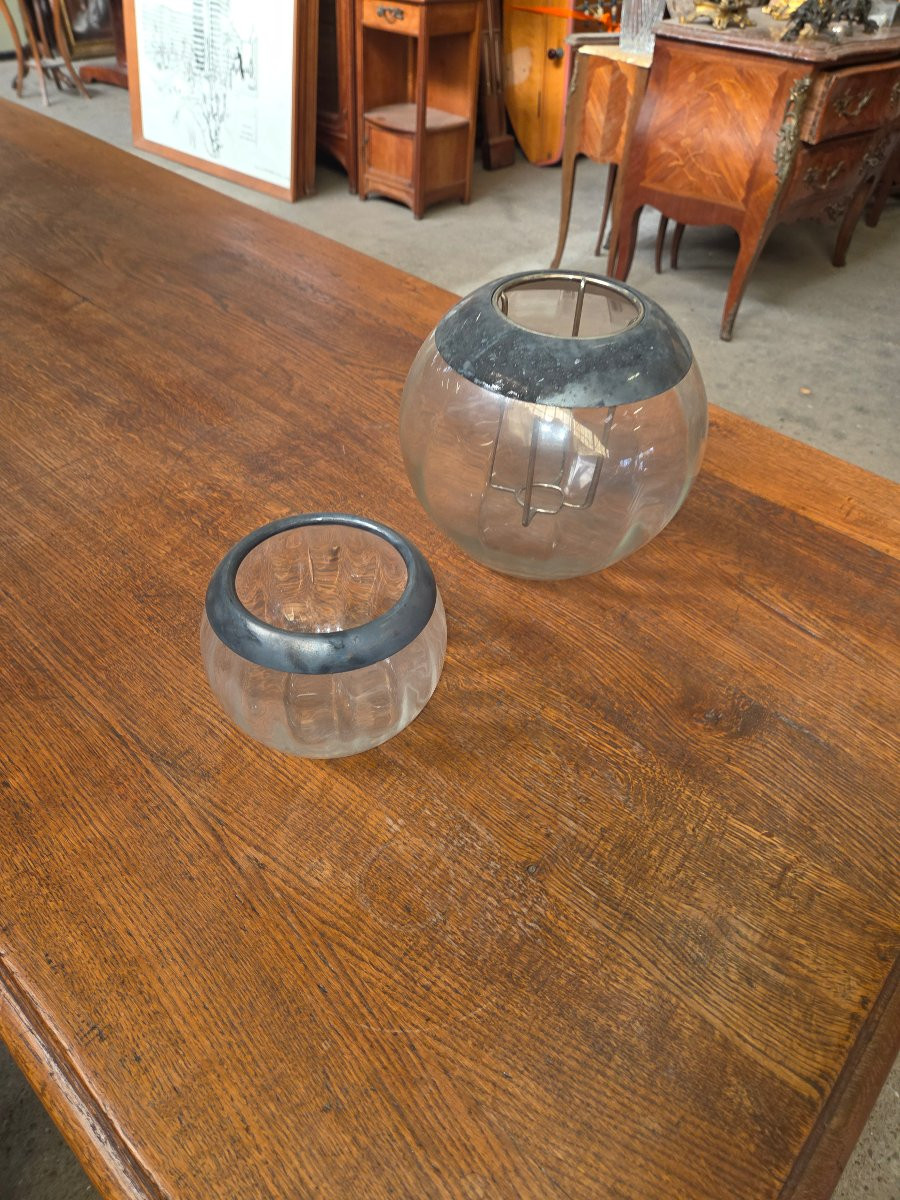 Champagne Bucket And Matching Ice Bucket In Glass And Silver-plated Metal From The 1970s-photo-1