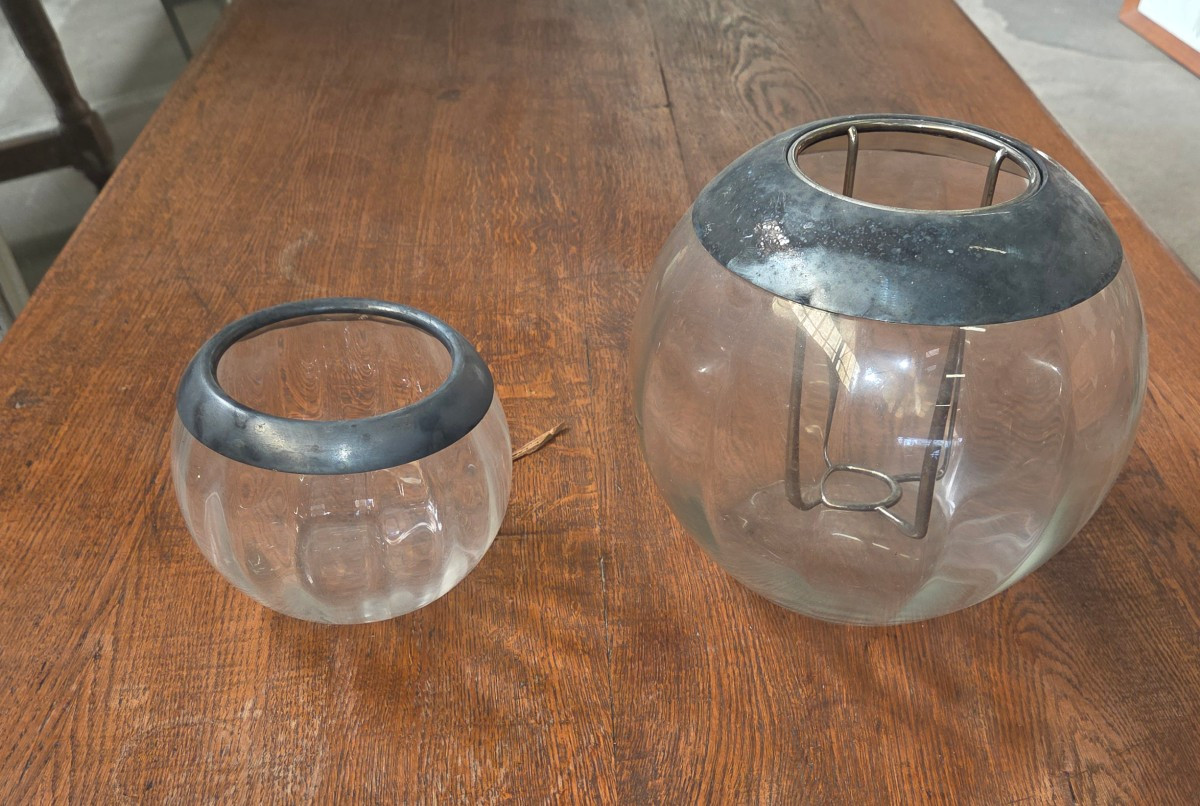 Champagne Bucket And Matching Ice Bucket In Glass And Silver-plated Metal From The 1970s
