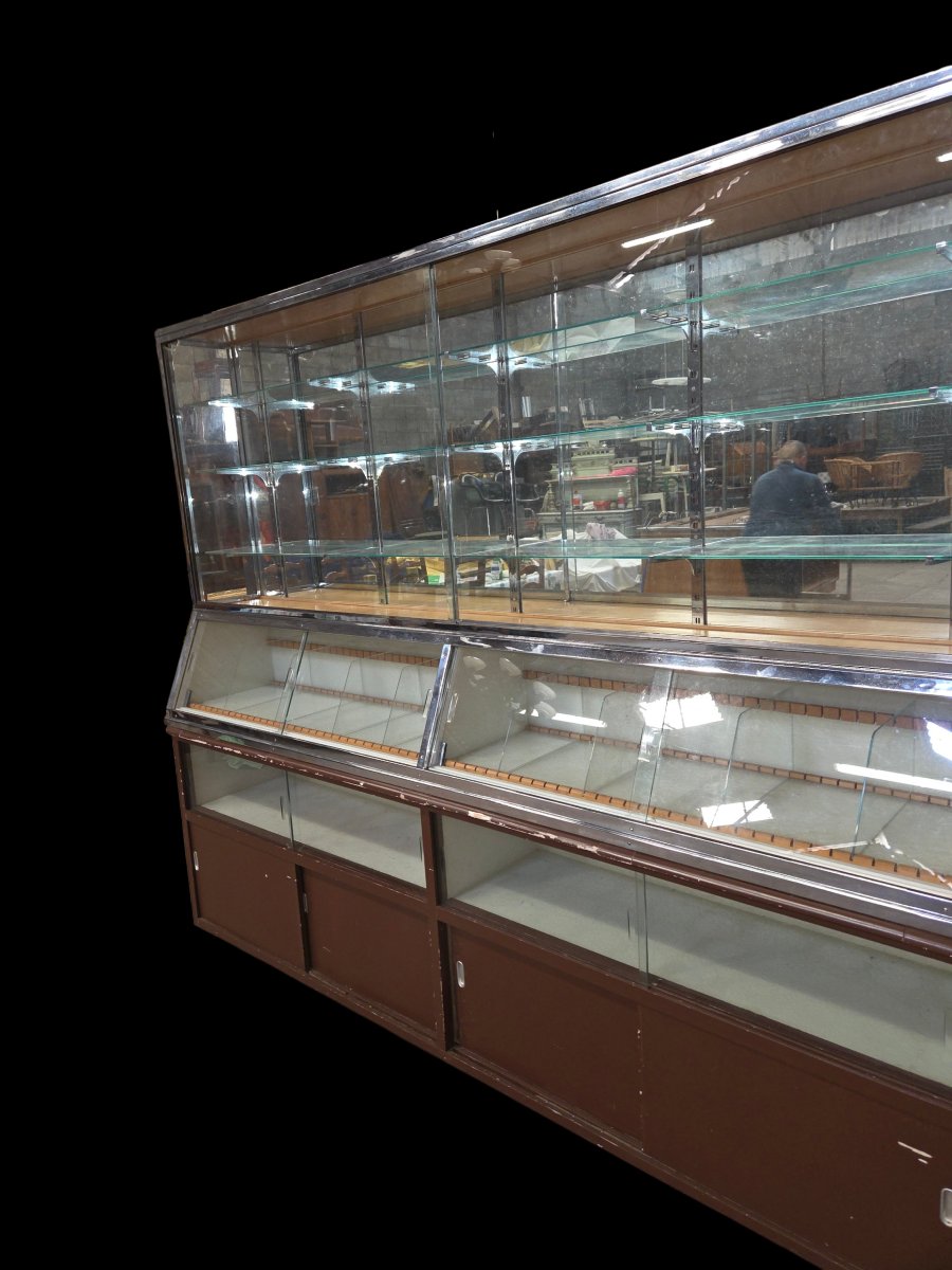 Ancien meuble vitrine d'épicerie en forme de buffet scriban des années 30-photo-2