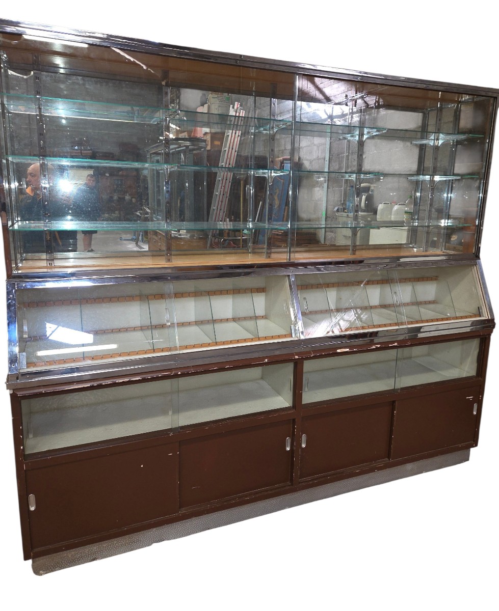 Ancien meuble vitrine d'épicerie en forme de buffet scriban des années 30