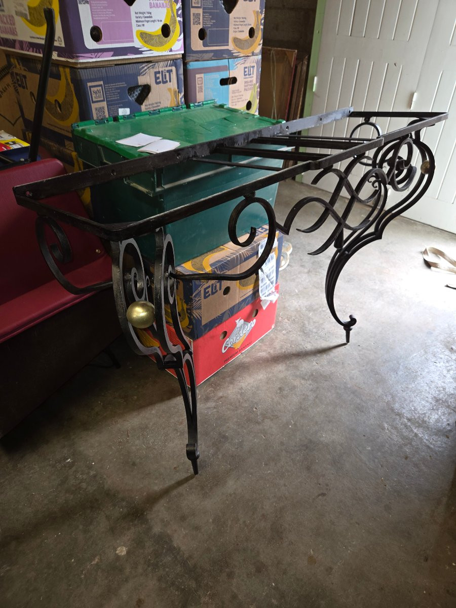 Wrought Iron Console Table From The 1920s With A Green Marble Top-photo-2