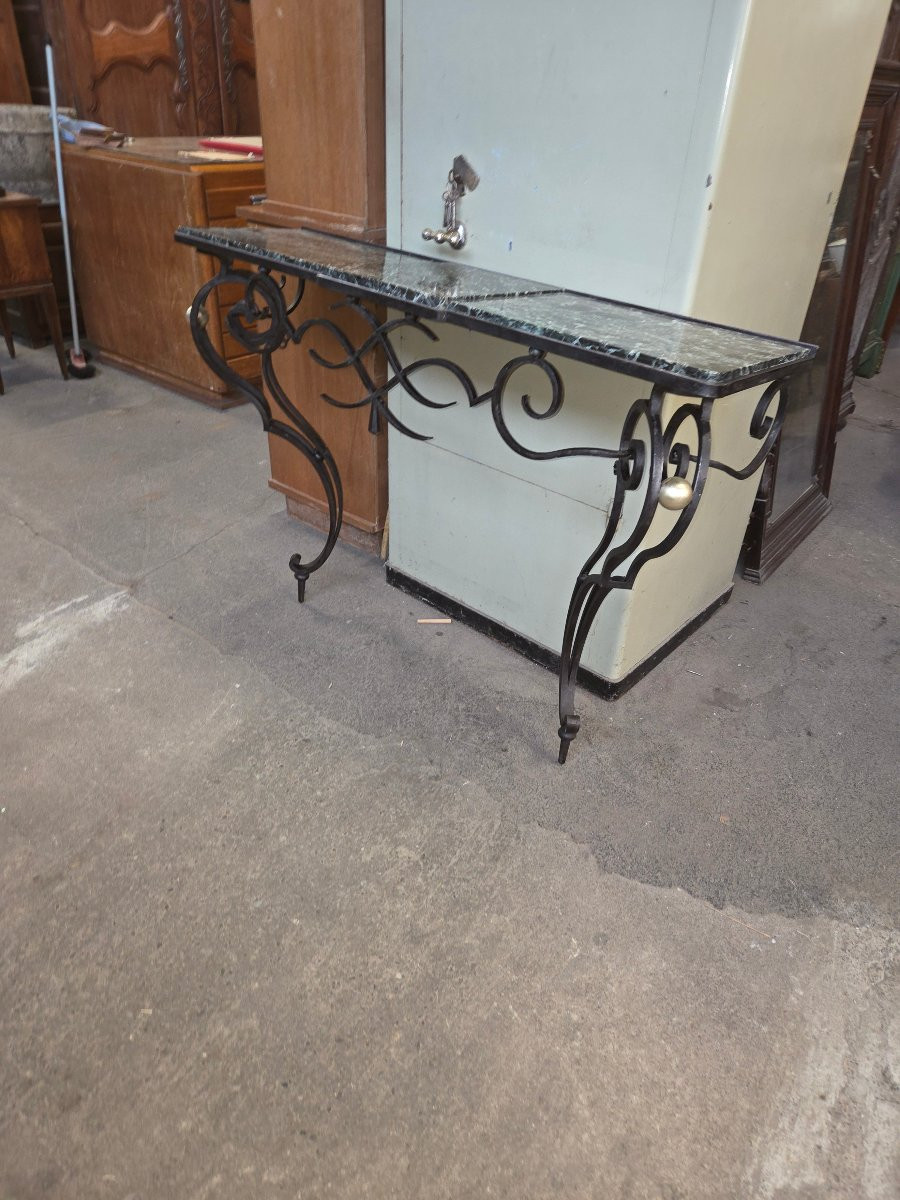Wrought Iron Console Table From The 1920s With A Green Marble Top-photo-3