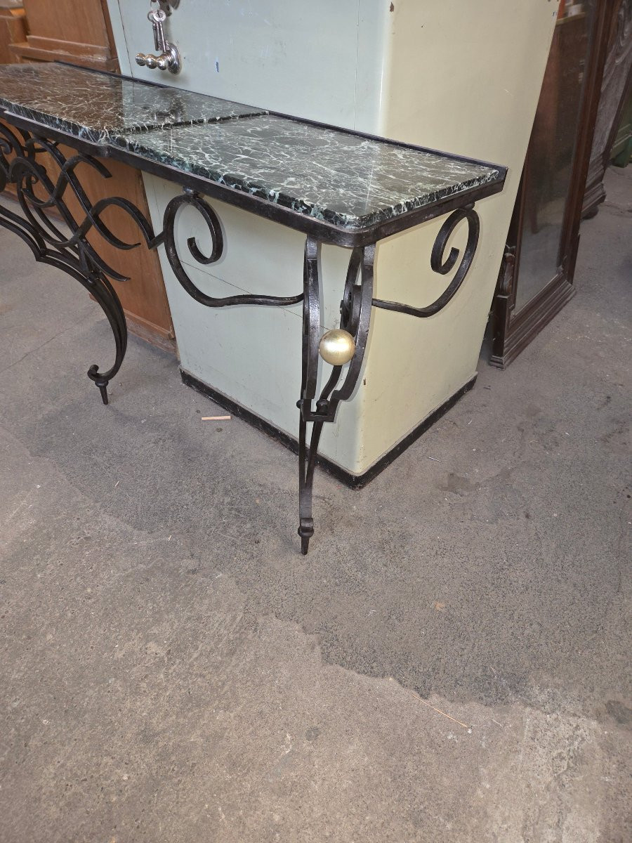 Wrought Iron Console Table From The 1920s With A Green Marble Top-photo-4