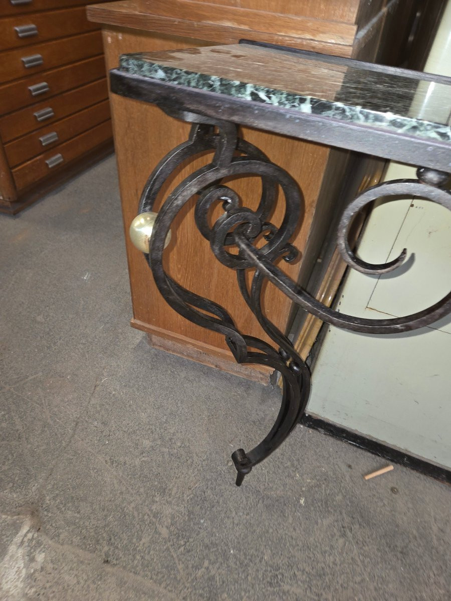 Wrought Iron Console Table From The 1920s With A Green Marble Top-photo-2