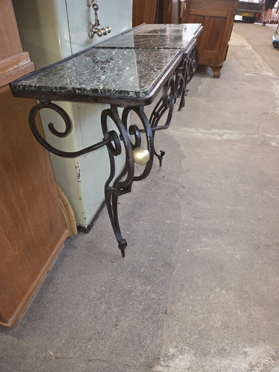 Wrought Iron Console Table From The 1920s With A Green Marble Top-photo-3
