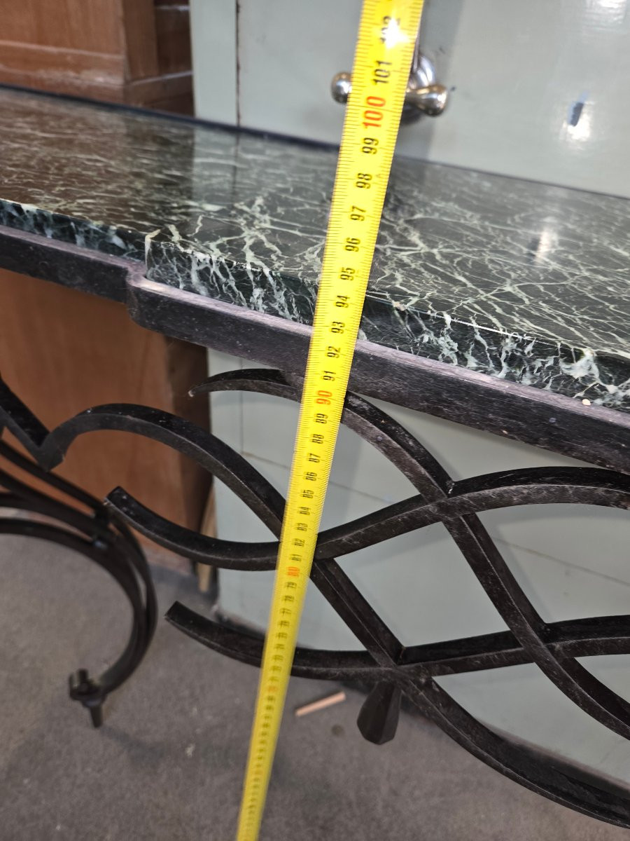 Wrought Iron Console Table From The 1920s With A Green Marble Top-photo-7