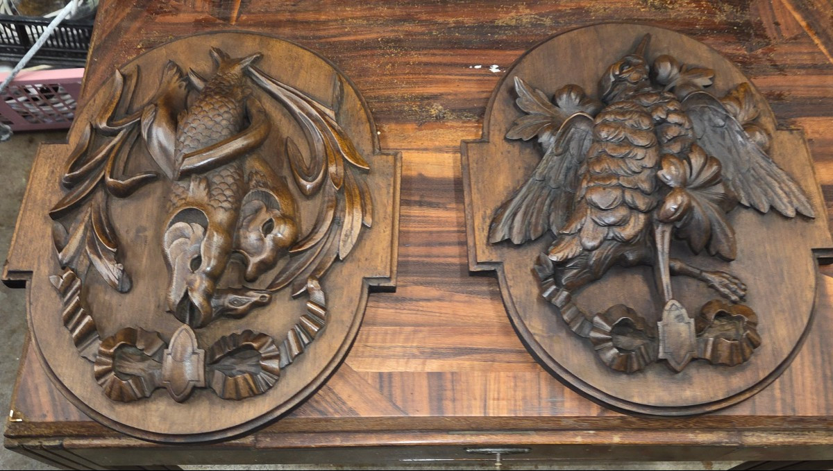 2 trophées dr chasse et pêche en bois sculpté debut 20eme 
