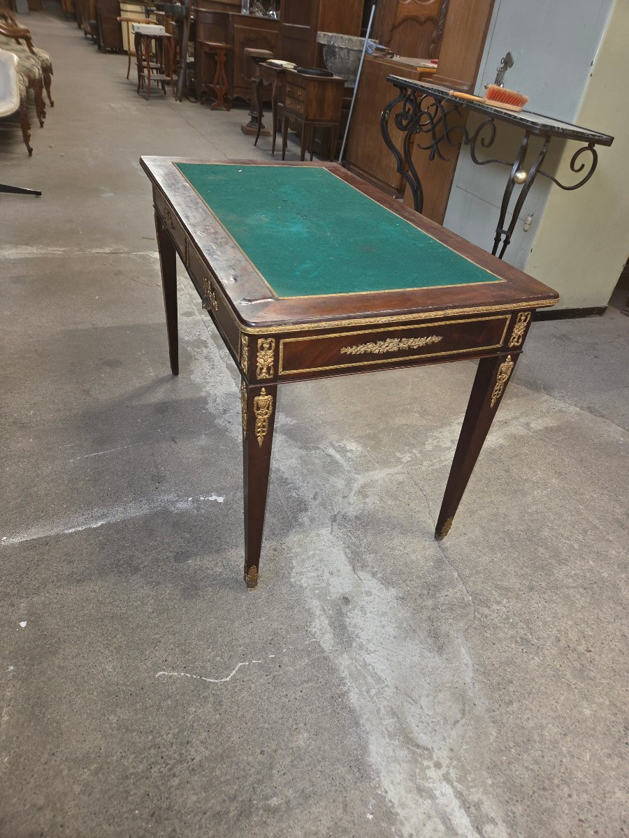 Small Louis XVI Style Flat Desk In Mahogany And Adorned With Numerous Napoleon III Period Bronze Mounts-photo-5