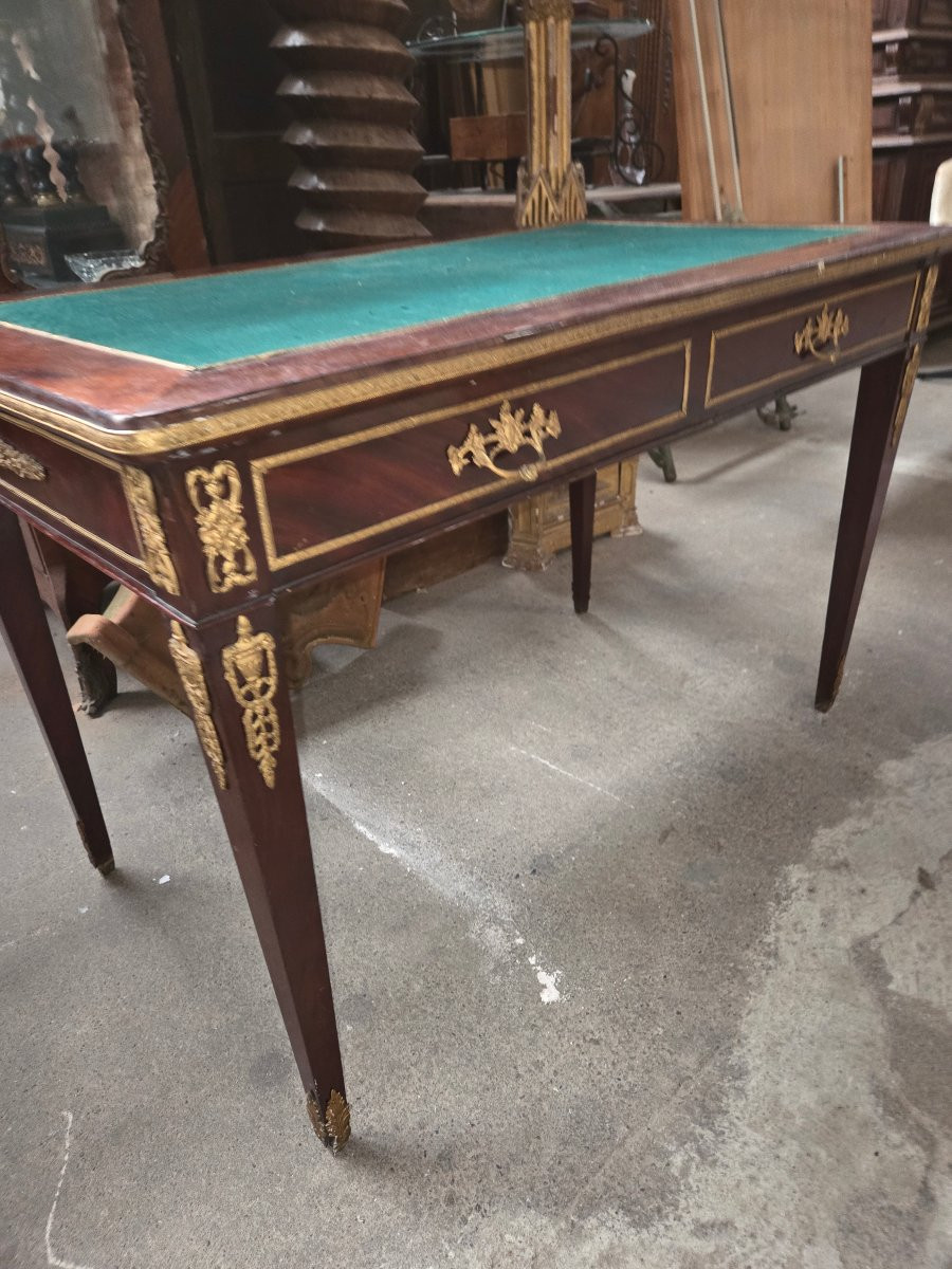 Small Louis XVI Style Flat Desk In Mahogany And Adorned With Numerous Napoleon III Period Bronze Mounts-photo-6