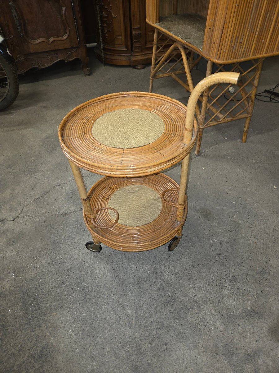 Bar a roulettes en rotin des années 60-photo-2