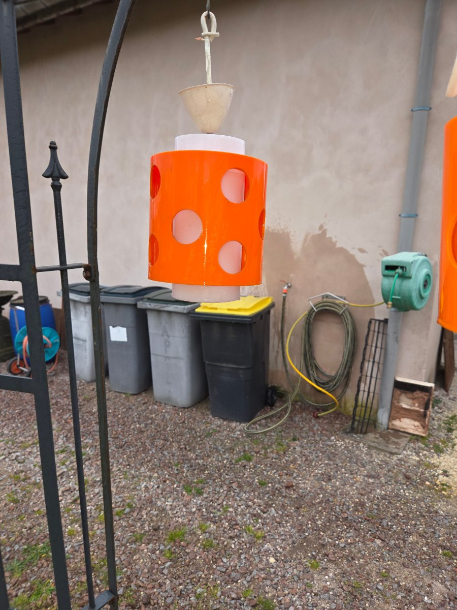 4 Lampes suspendues des années 1970 en polycarbonate orange et blanc - Design de l'ère spatiale-photo-3