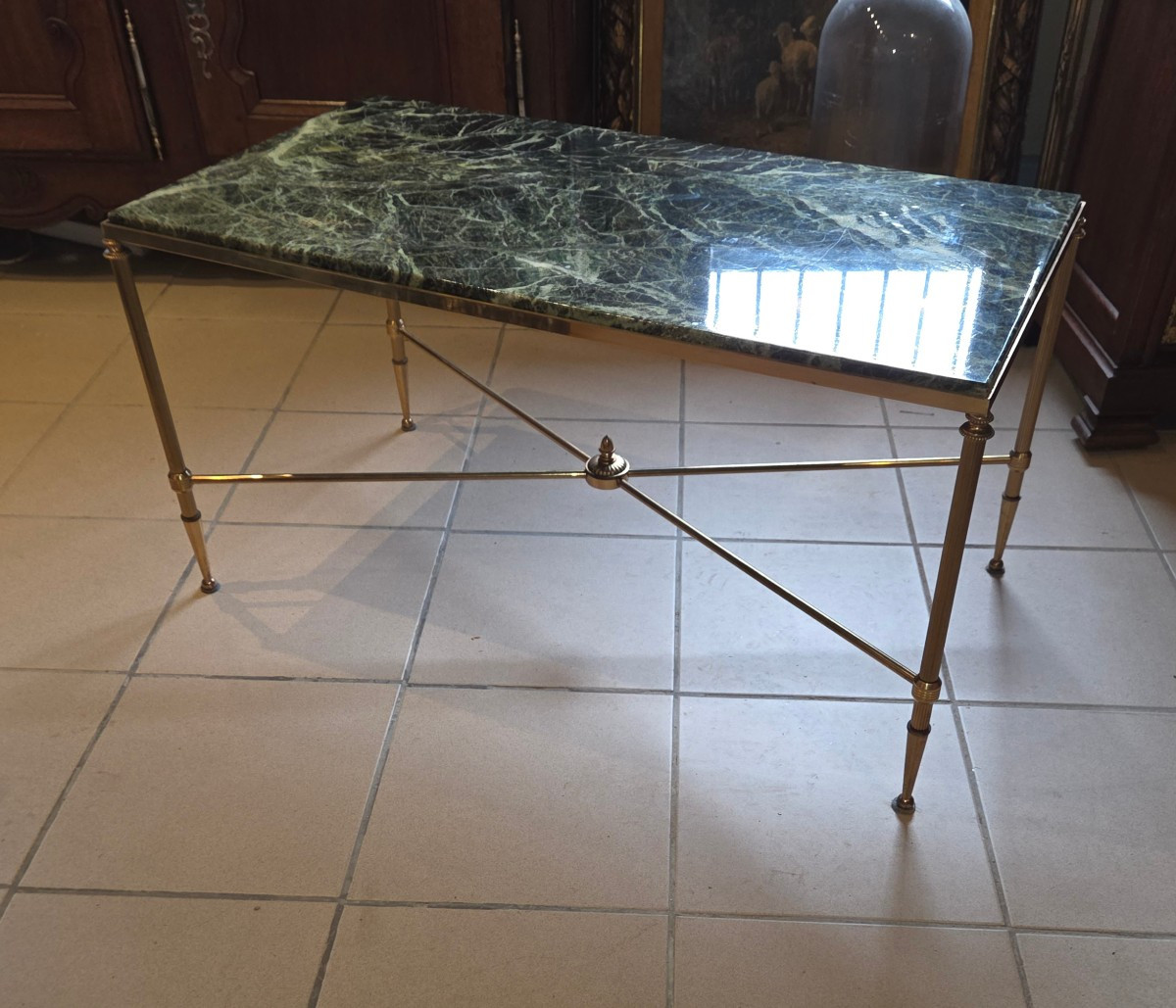 Table basse en laiton et marbre vert des années 60 maison Bagues Paris 