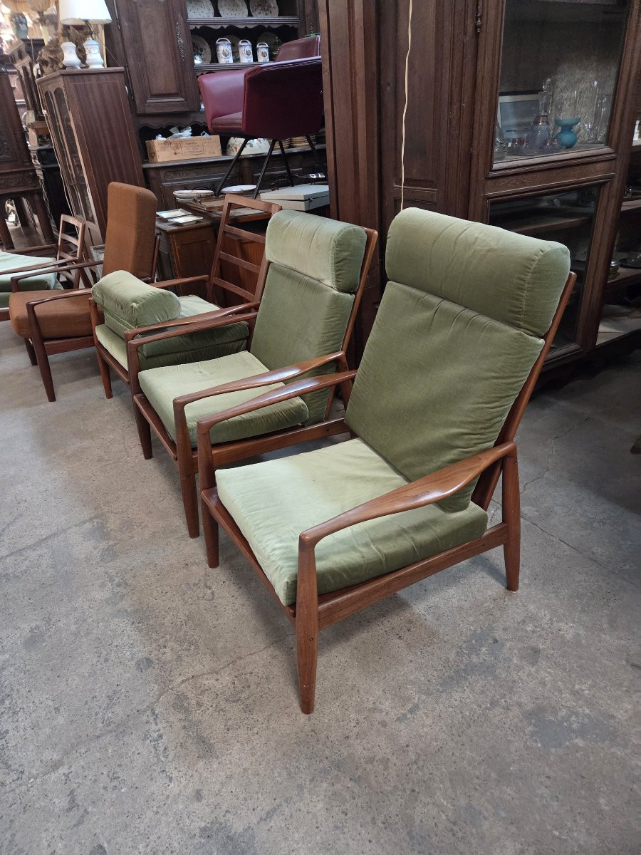 Set Of 5 Danish Teak Armchairs From The 60s (2 Different Backrest Heights)-photo-2