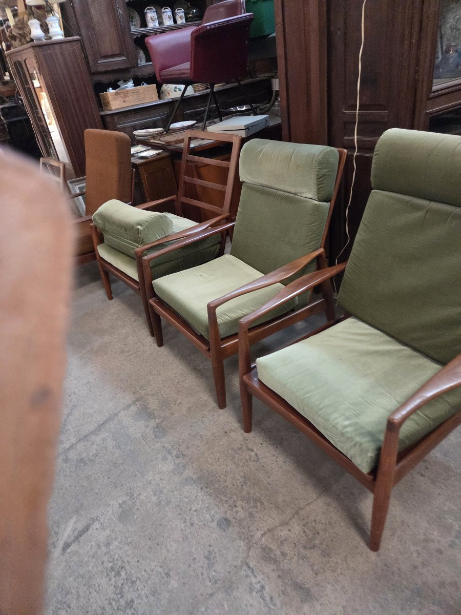 Set Of 5 Danish Teak Armchairs From The 60s (2 Different Backrest Heights)-photo-3