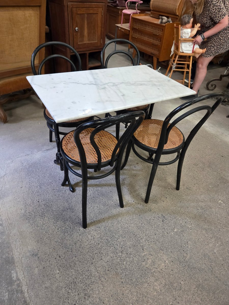 Marble And Cast-iron Bistro Table And 4 Mundus Chairs Circa 1900-photo-2