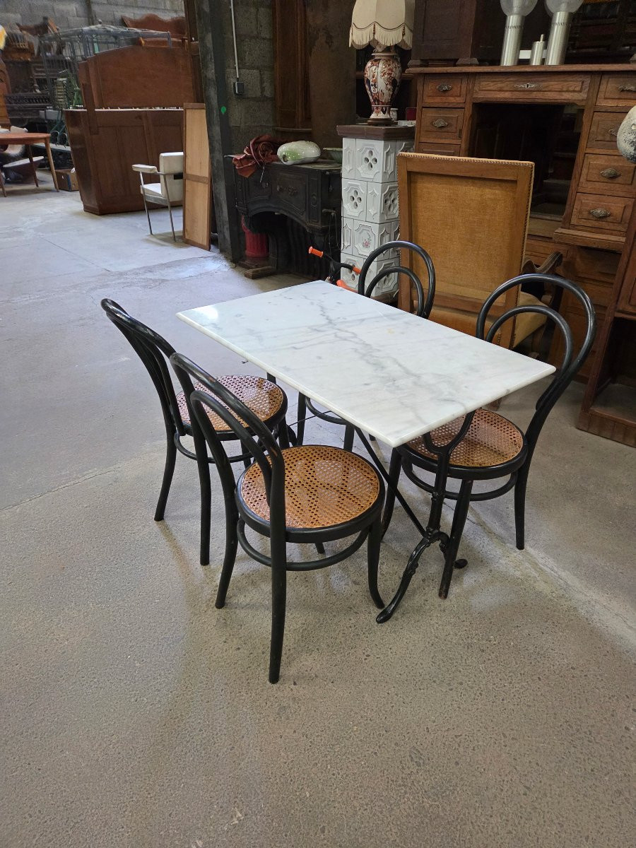 Marble And Cast-iron Bistro Table And 4 Mundus Chairs Circa 1900-photo-4