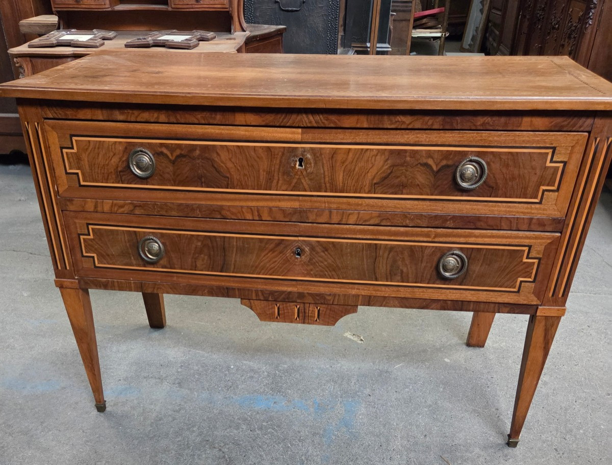 Louis XVI Style Chest Of Drawers In Walnut And Marquetry From The 2nd Half Of The 19th Century