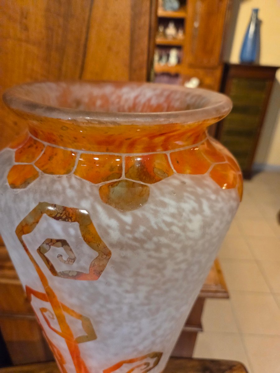 Important Glass Paste Vase With Fern Decoration, Signed -photo-3