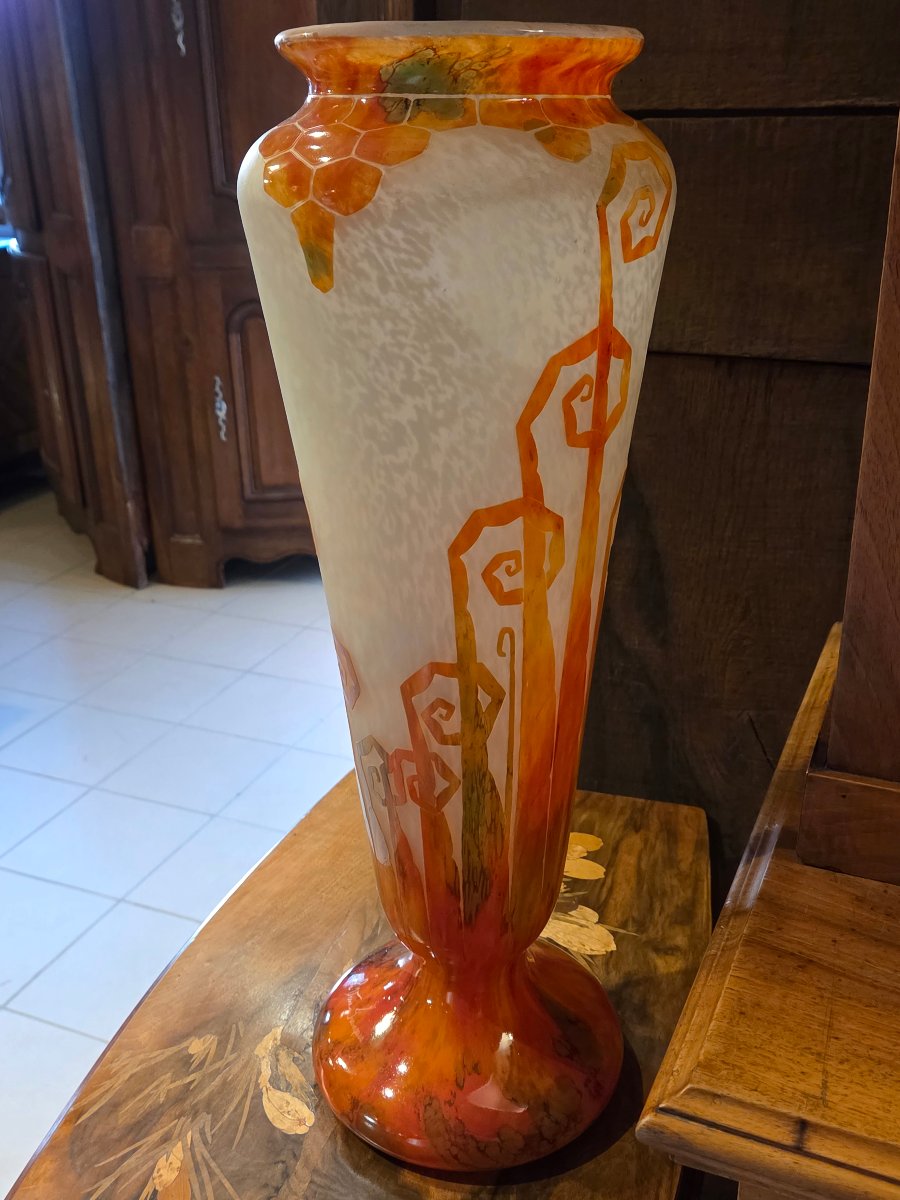 Important Glass Paste Vase With Fern Decoration, Signed -photo-4