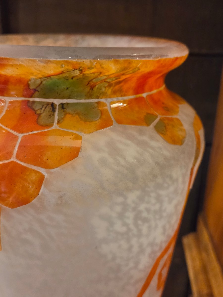 Important Glass Paste Vase With Fern Decoration, Signed -photo-1