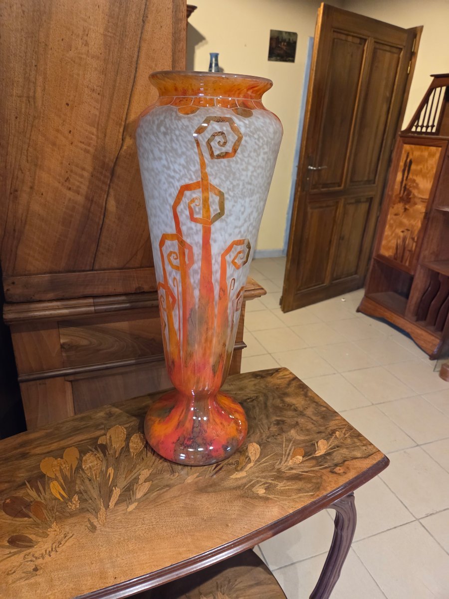 Important Glass Paste Vase With Fern Decoration, Signed -photo-4