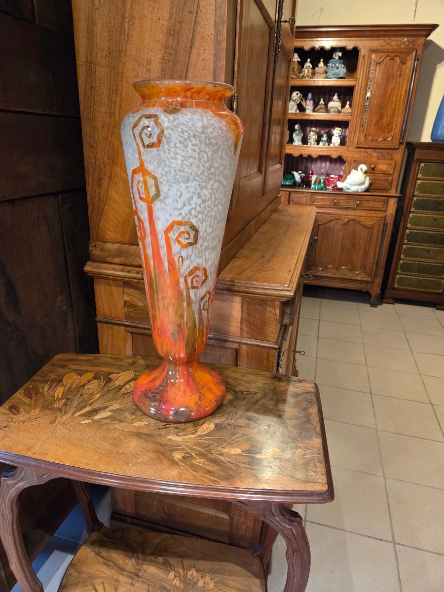 Important Glass Paste Vase With Fern Decoration, Signed -photo-6