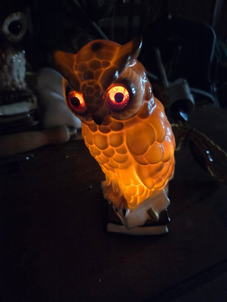 1950s Ceramic Children's Night Light With Sulfur-glazed Eyes, Owl Design