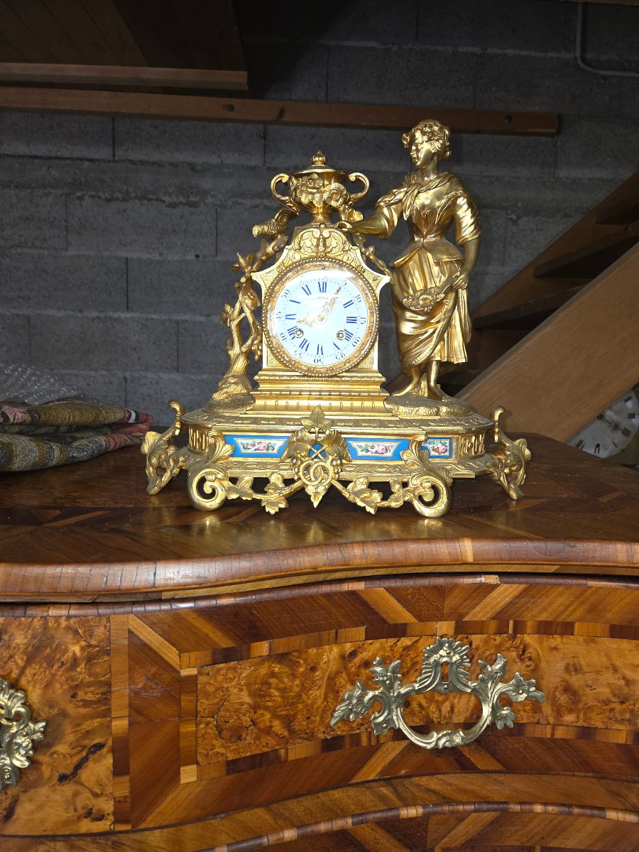 Napoleonic-era Bronze Clock, "woman With Birds," With Sèvres Porcelain Panels -photo-2