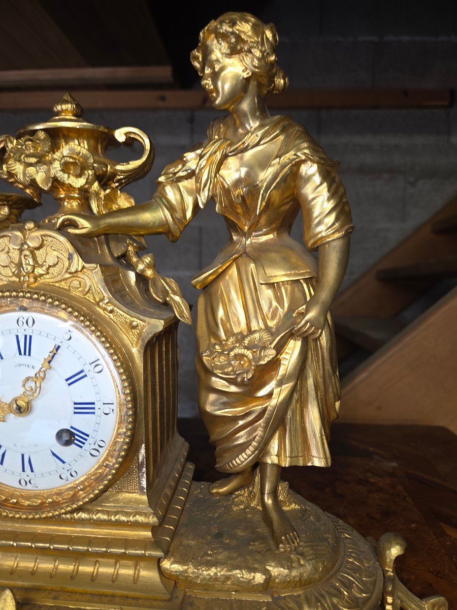 Napoleonic-era Bronze Clock, "woman With Birds," With Sèvres Porcelain Panels -photo-3