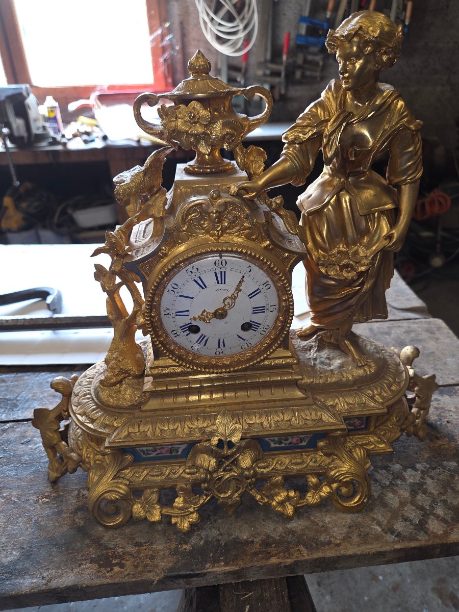 Napoleonic-era Bronze Clock, "woman With Birds," With Sèvres Porcelain Panels -photo-1