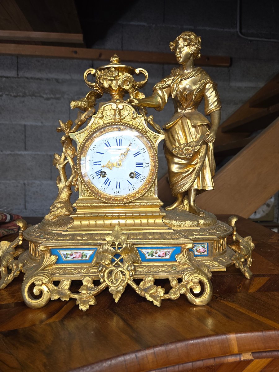 Napoleonic-era Bronze Clock, "woman With Birds," With Sèvres Porcelain Panels -photo-3