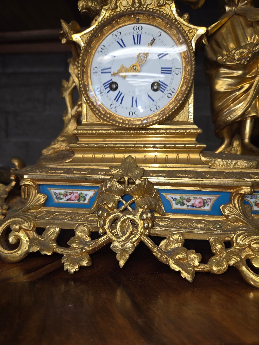 Napoleonic-era Bronze Clock, "woman With Birds," With Sèvres Porcelain Panels -photo-5