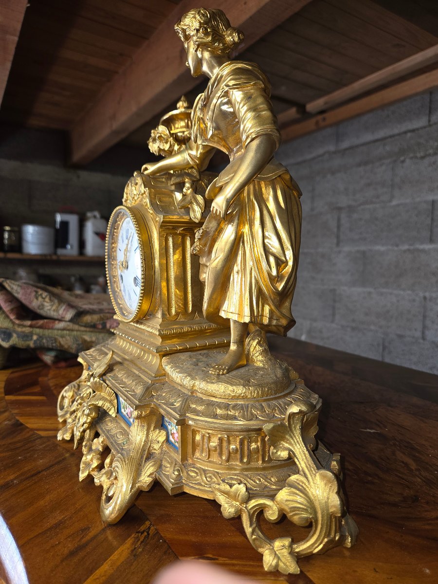 Napoleonic-era Bronze Clock, "woman With Birds," With Sèvres Porcelain Panels -photo-6