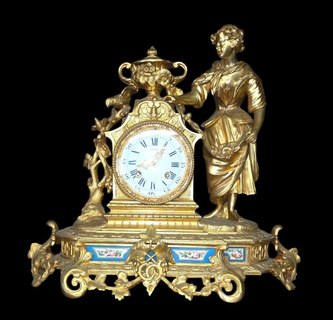 Napoleonic-era Bronze Clock, "woman With Birds," With Sèvres Porcelain Panels 
