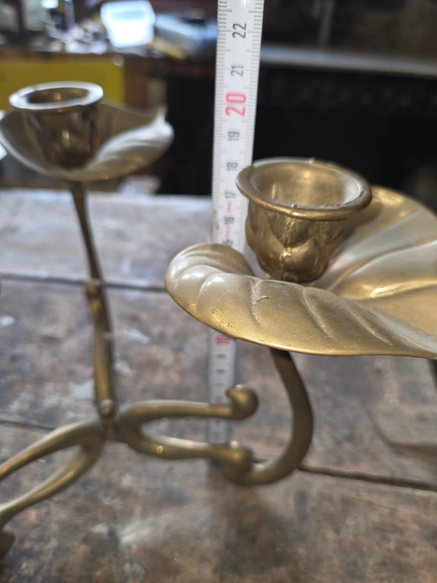Art Nouveau 3-branch Bronze Candlestick-photo-2