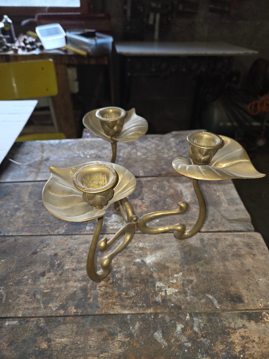 Art Nouveau 3-branch Bronze Candlestick-photo-3
